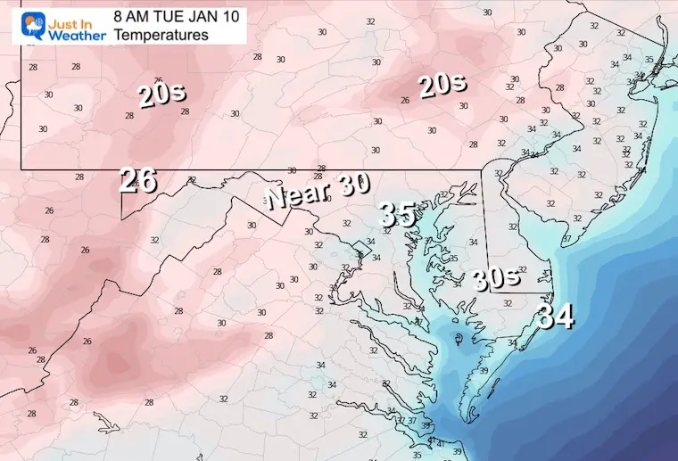 January 9 weather temperatures Tuesday morning