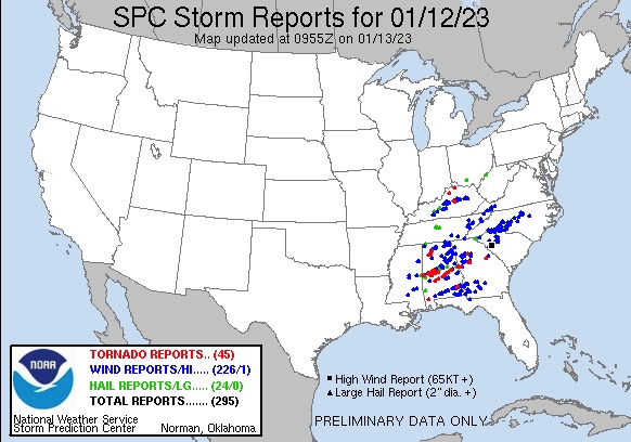 January 12 NOAA storm report tornado map