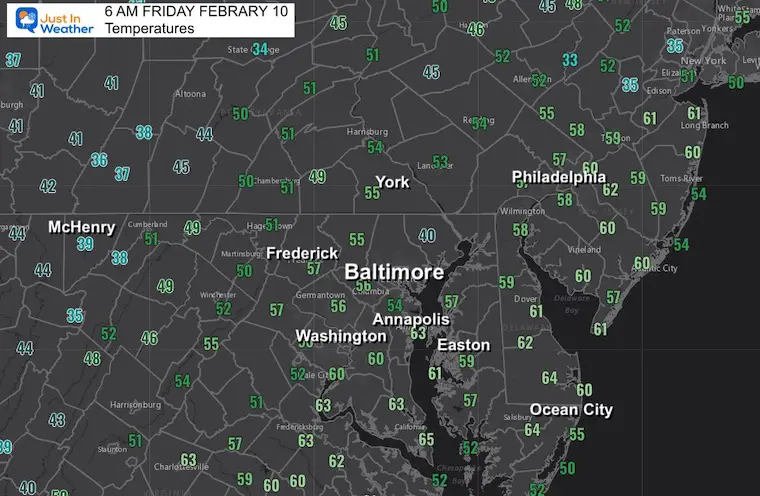 February 10 weather temperatures Friday morning