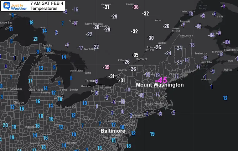 February 4 weather temperatures Saturday morning New England