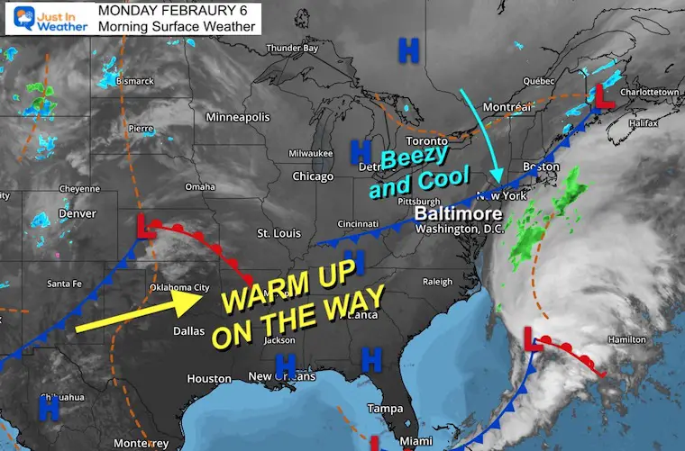 February 6 weather map Monday morning