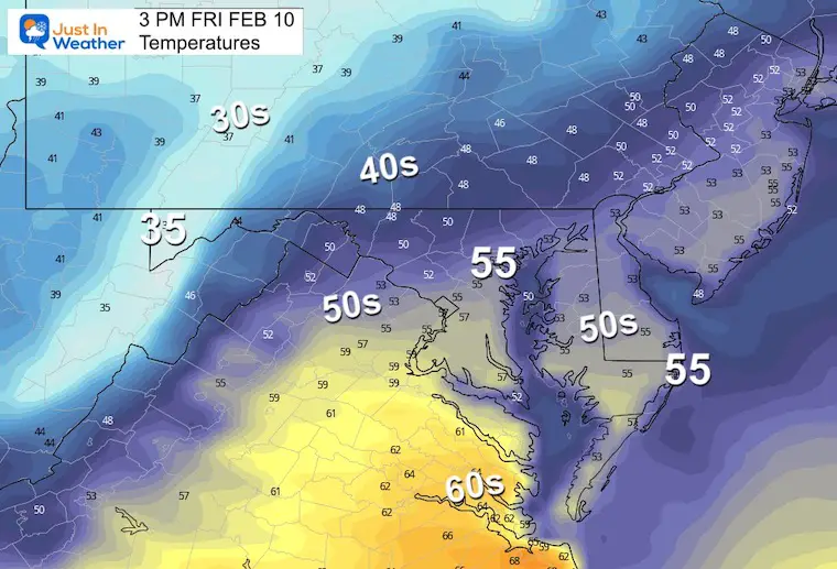 February 10 weather temperatures Friday afternoon