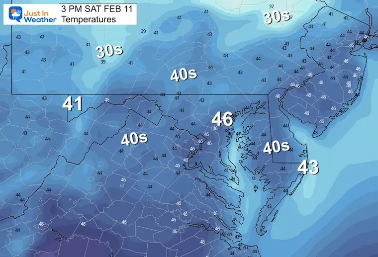 February 10 weather temperatures Saturday afternoon