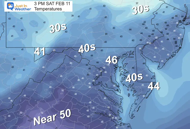 February 11 weather forecast temperatures Saturday afternoon