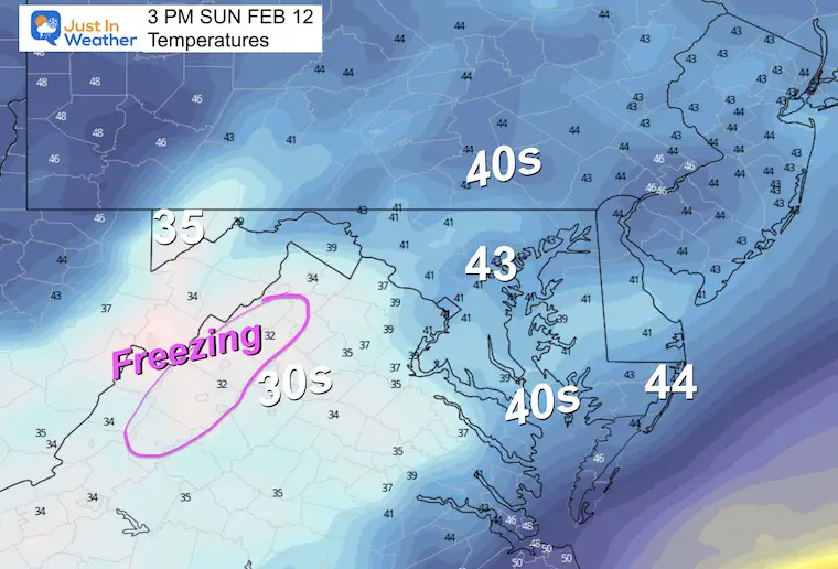 February 11 weather forecast temperatures Sunday afternoon
