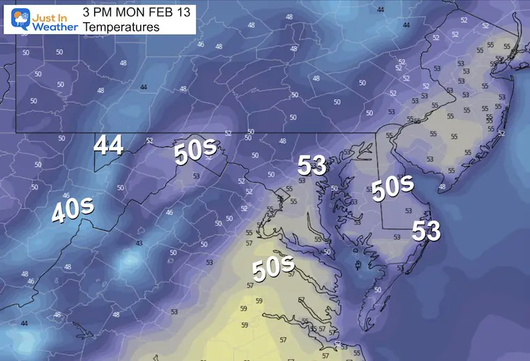 February 12 forecast temperatures Monday afternoon