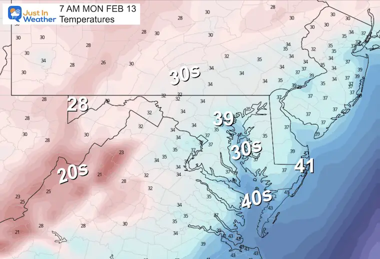 February 12 forecast temperatures Monday morning