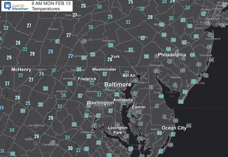 February 13 weather monday morning temperatures