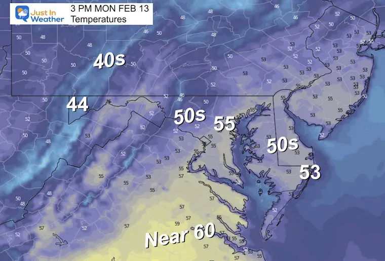 February 13 weather temperatures monday afternoon