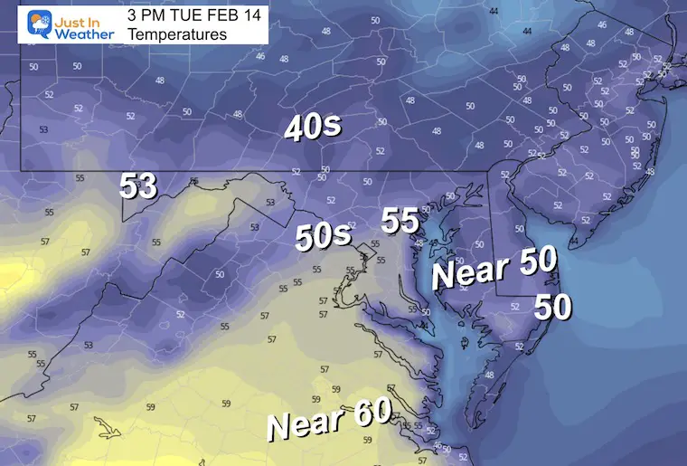 February 13 weather temperatures tuesday afternoon
