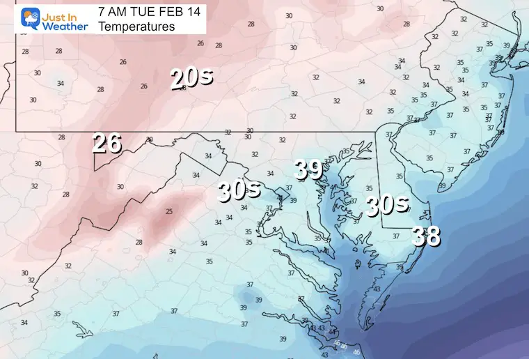February 13 weather temperatures tuesday morning