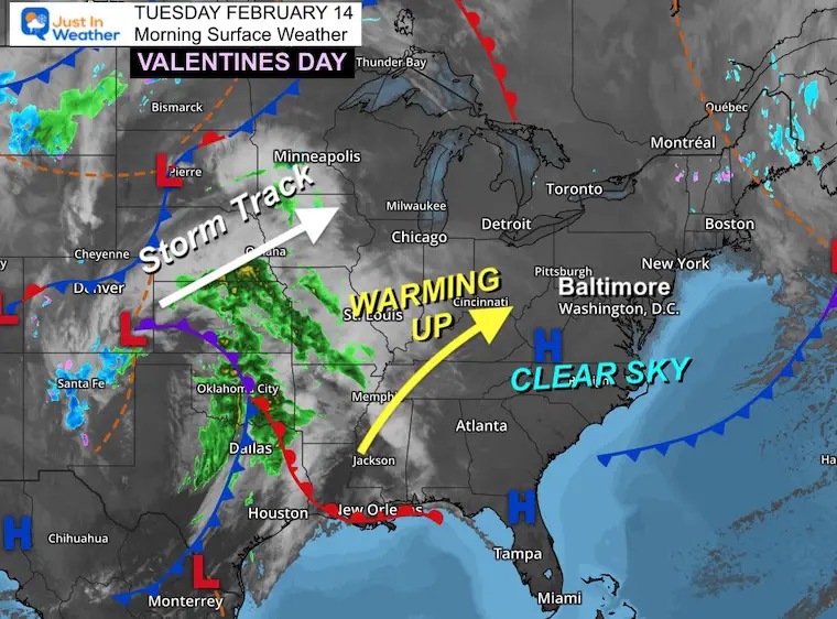 February 14 weather Tuesday morning valentines day