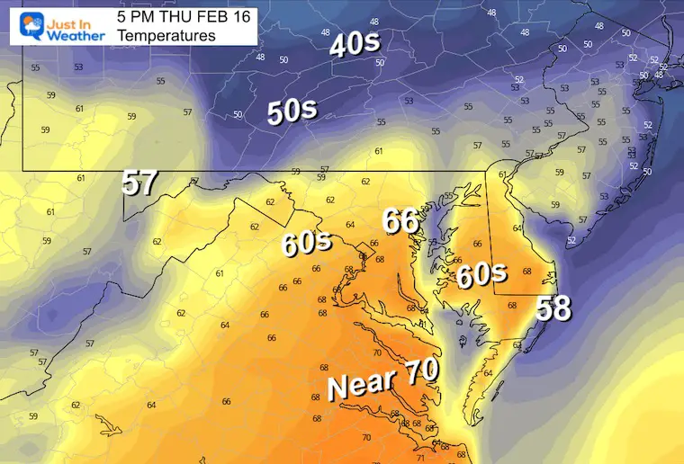 February 15 weather temperatures Thursday afternoon