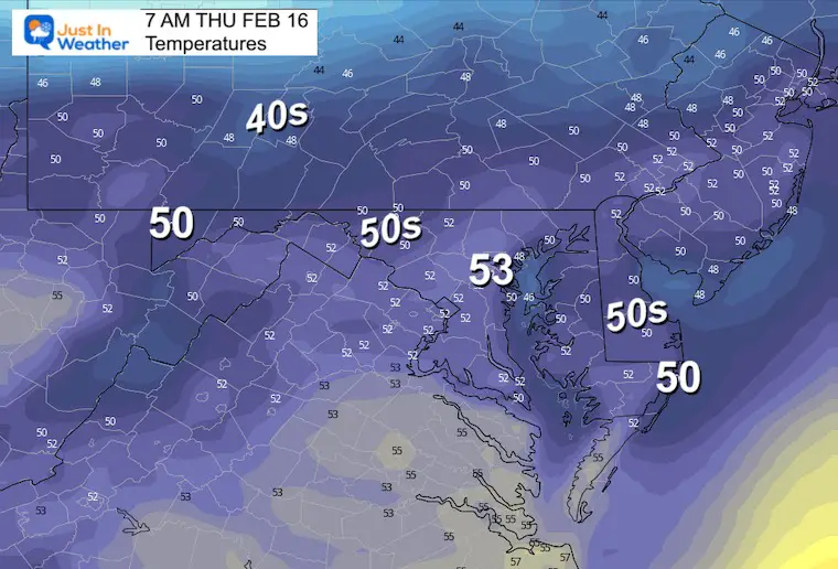 February 15 weather temperatures Thursday morning
