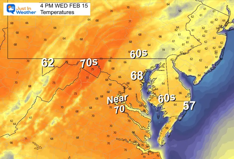 February 15 weather temperatures Wednesday afternoon