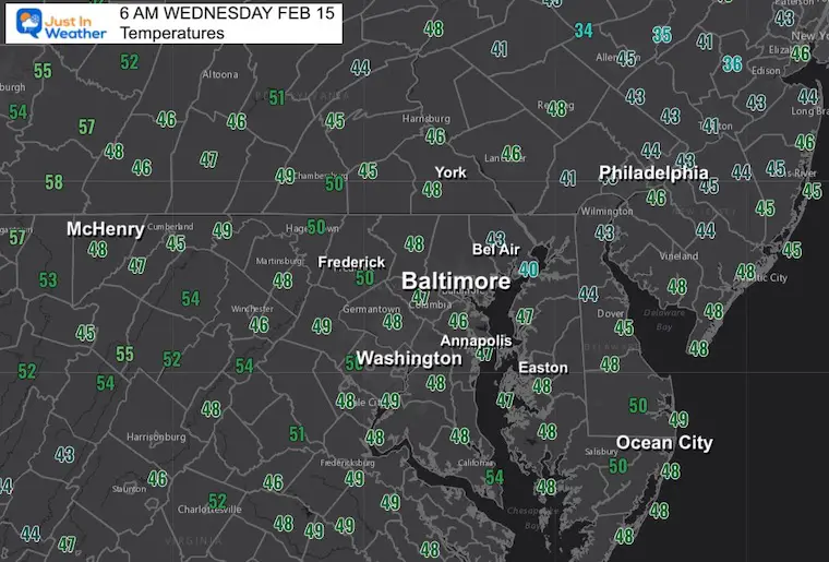 February 15 weather temperatures Wednesday morning