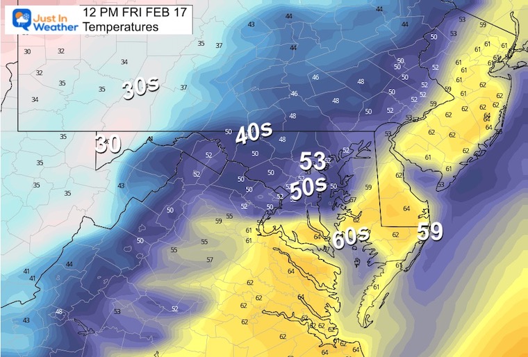 February 16 weather temperatures Friday noon