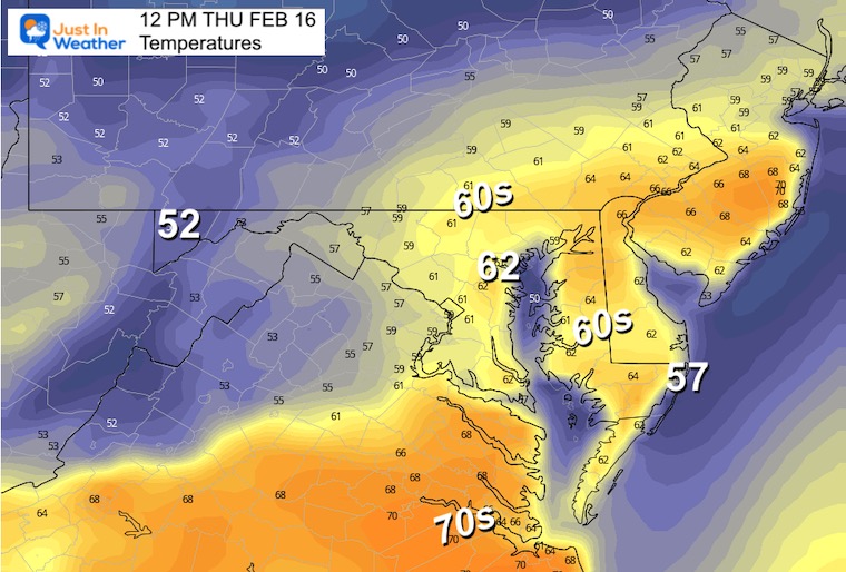 February 16 weather temperatures Thursday noon