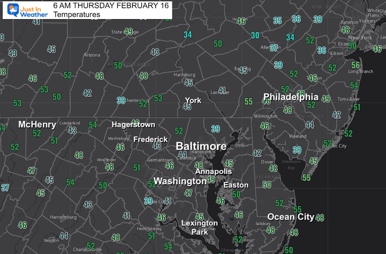 February 16 weather temperatures thursday morning