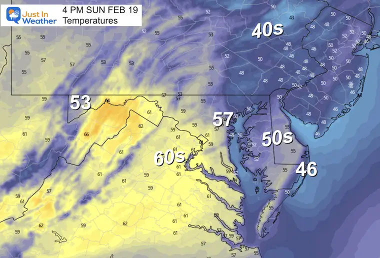 February 19 weather temperatures Sunday afternoon