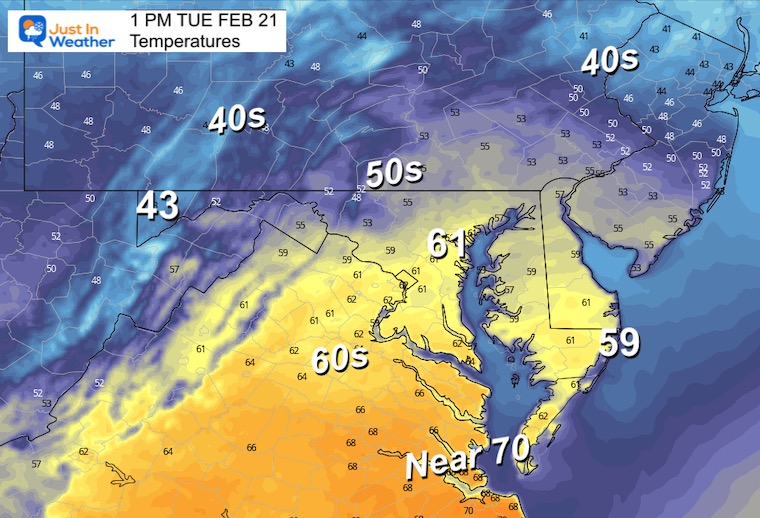 February 21 weather temperatures Tuesday afternoon