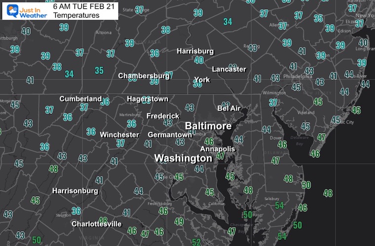 February 21 temperatures Tuesday morning