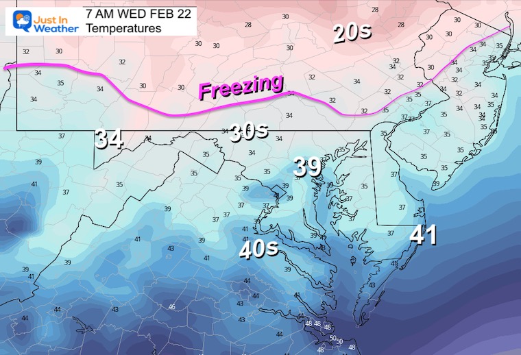 February 21 weather temperatures Wednesday morning