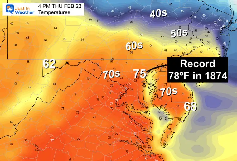 February 22 weather temperatures Thursday afternoon