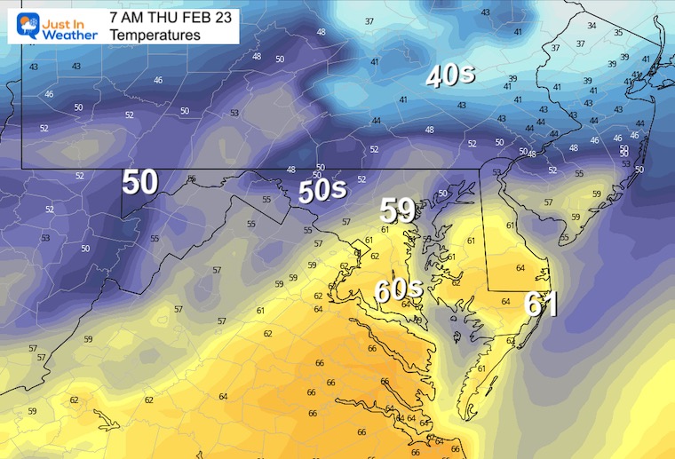 February 22 weather temperatures Thursday morning