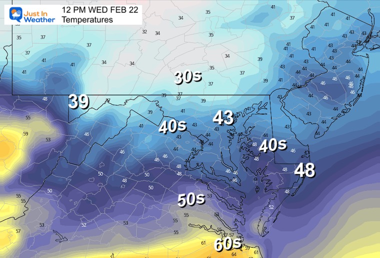 February 22 weather temperatures Wednesday afternoon