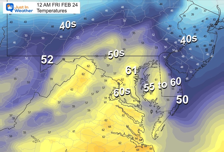 February 23 weather temperatures Friday midnight