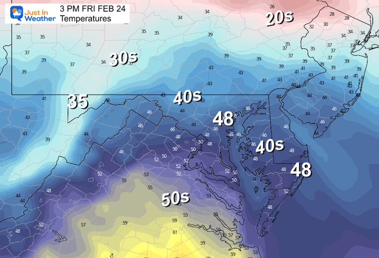 February 24 weather temperatures Friday afternoon