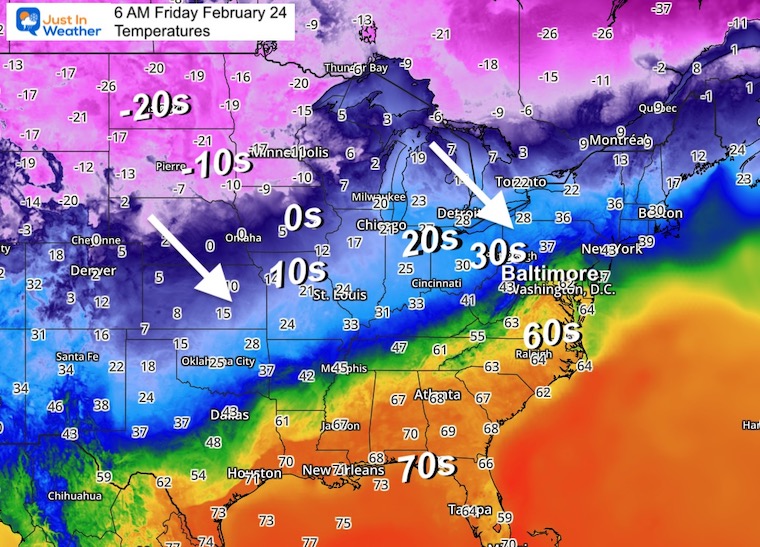 February 24 weather temperatures Friday morning USA
