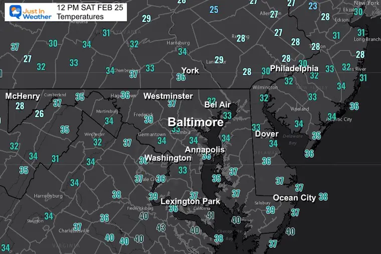 February 25 weather temperatures noon