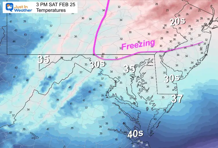 February 25 weather temperatures Saturday afternoon