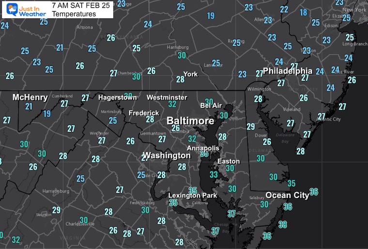 February 25 weather temperatures Saturday morning