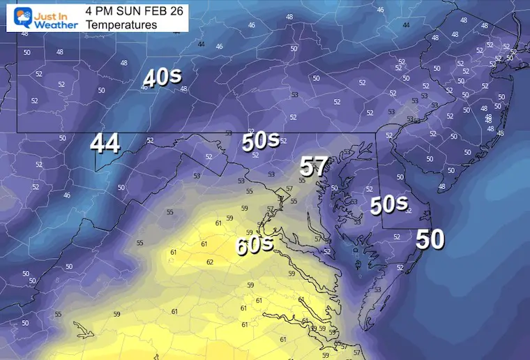 February 25 weather temperatures Sunday afternoon