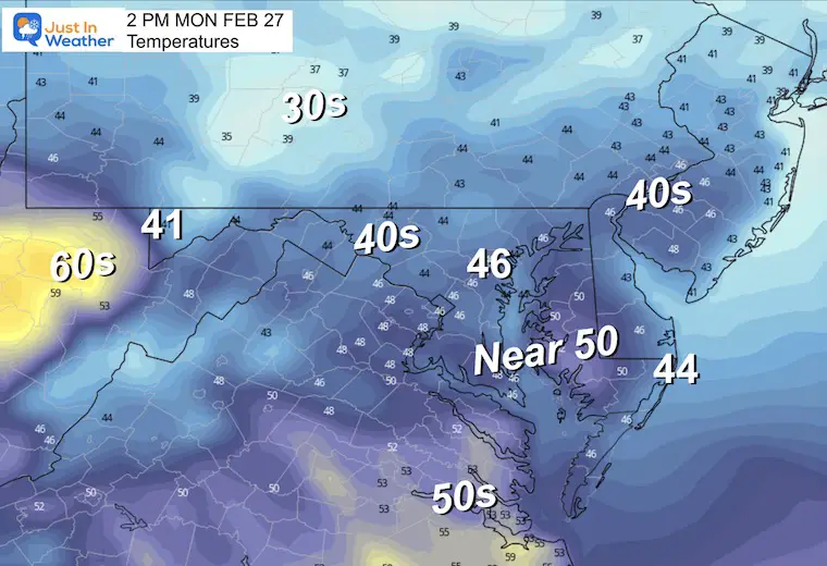 February 27 weather temperatures Monday afternoon