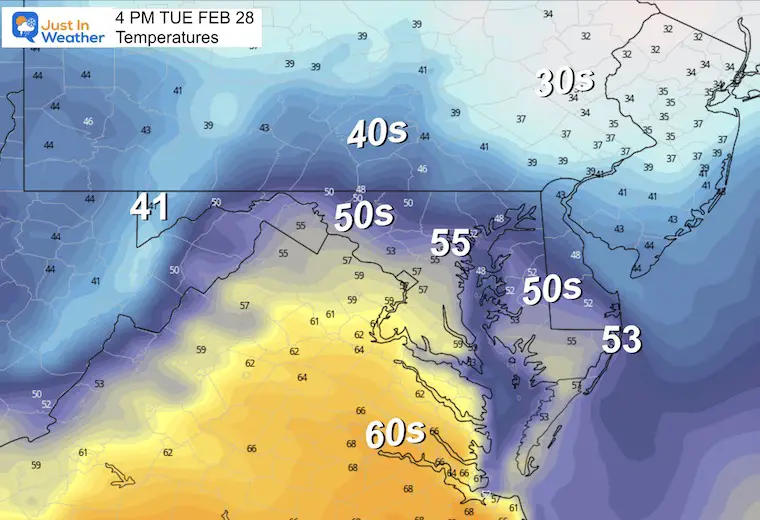 February 27 weather temperatures Tuesday afternoon