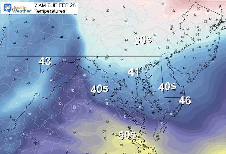 February 27 weather temperatures Tuesday morning