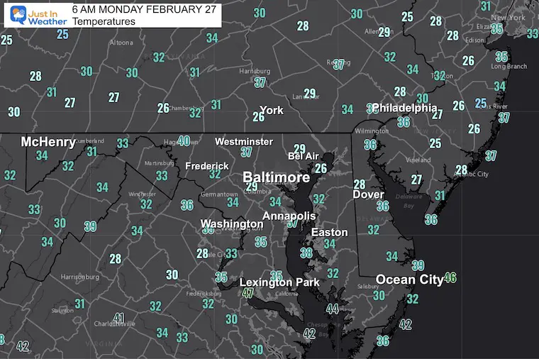 February 27 weather temperatures Monday morning