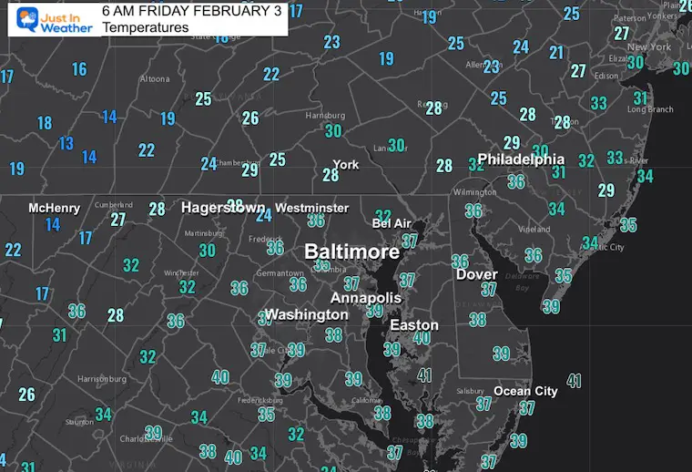 February 3 weather temperatures Friday morning
