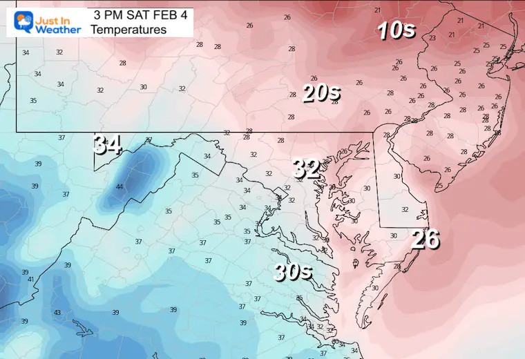 February 4 weather temperatures Saturday afternoon