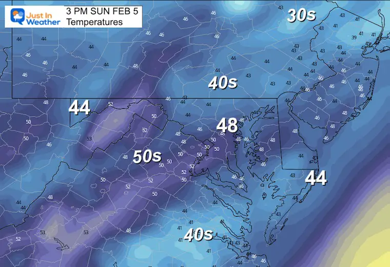 February 4 weather temperatures Sunday afternoon