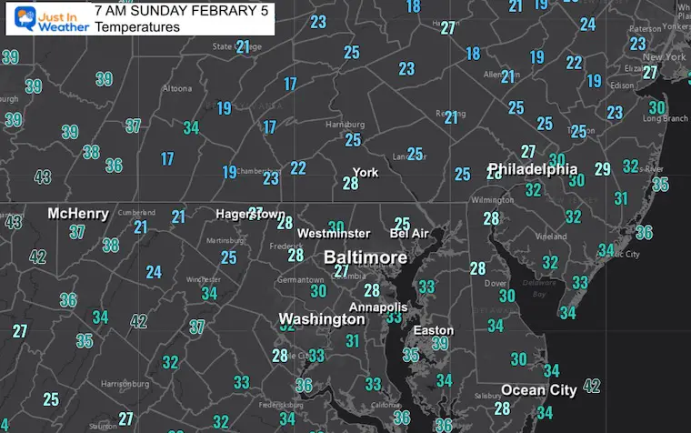 February 5 weather Sunday morning temperatures