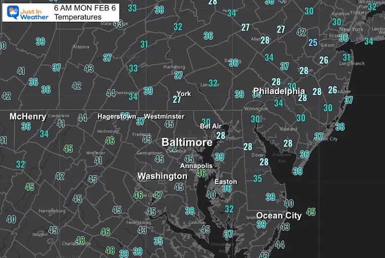 February 6 weather temperatures monday morning