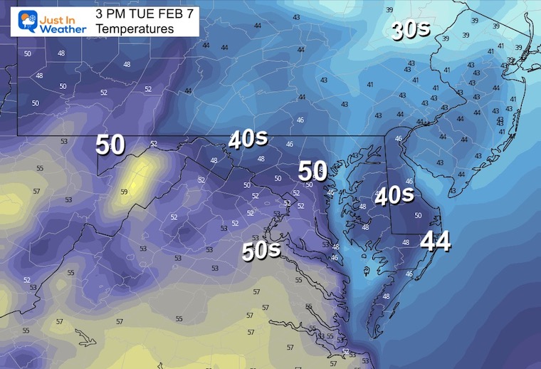 February 7 weather temperatures Tuesday afternoon