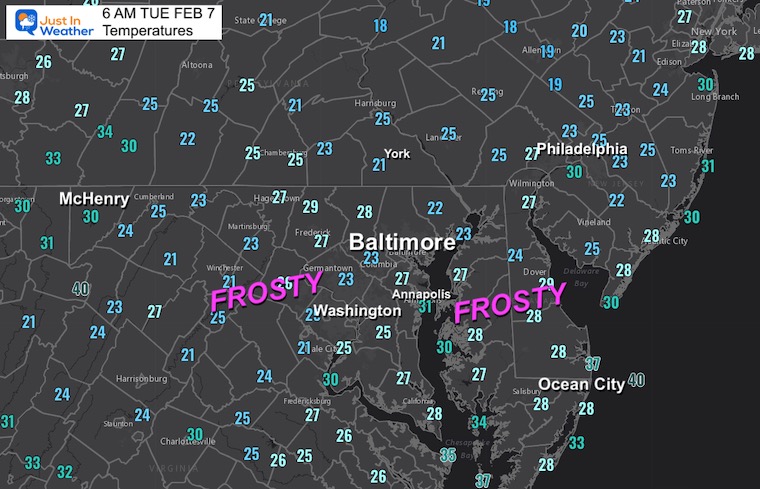 February 7 weather temperatures Tuesday morning