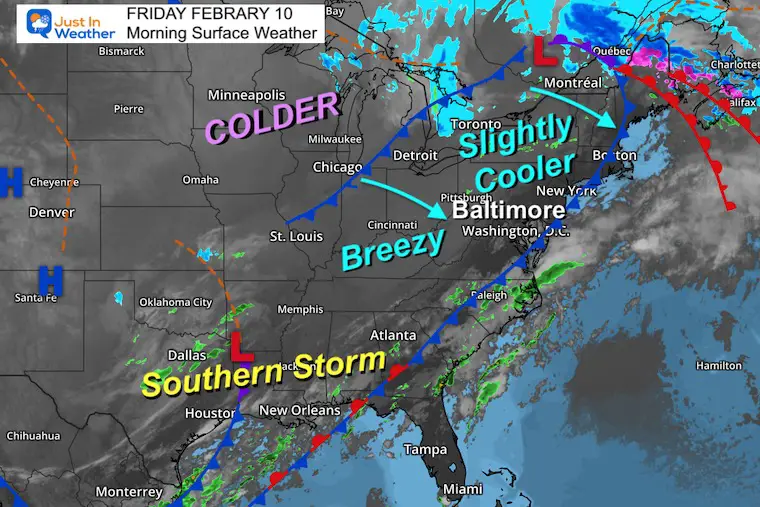 February 10 weather map Friday morning