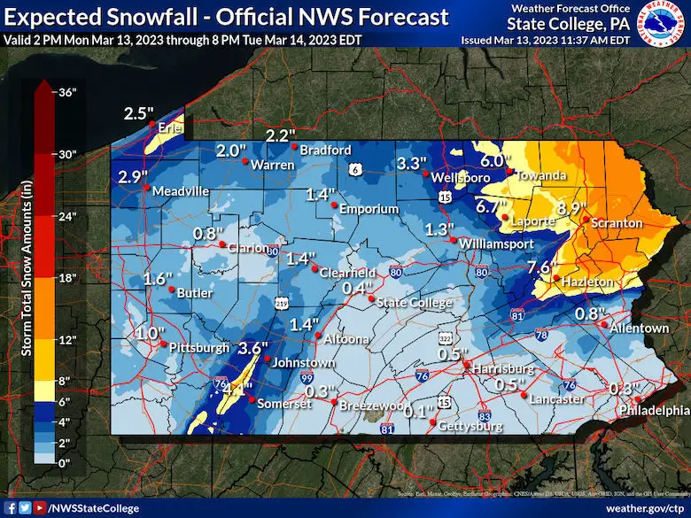 March 13 snow forecast National Weather Service Pennsylvania